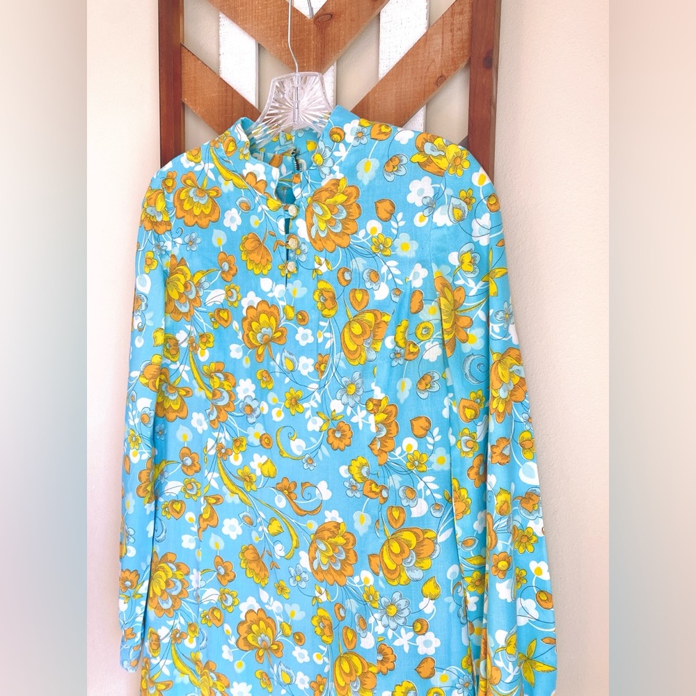 VTG XS S Vintage Mandarin Collar 1960s Dress Long Sleeve Shift Aqua Blue Floral